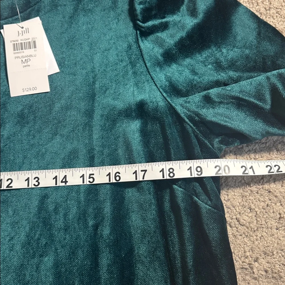 NEW J. Jill Women's Teal Green Velvet Puff Sleeve Shift Dress medium petite $129 - Picture 7 of 10